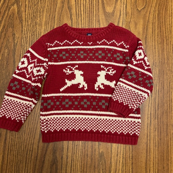 Gap Kids toddler size 2T red sweater with white rain deer with knitted designs. - Picture 2 of 5